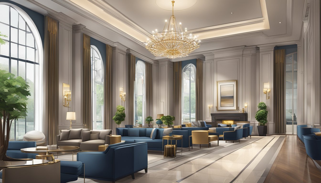 A luxurious bank setting with modern decor, comfortable seating, and professional staff assisting elite clients