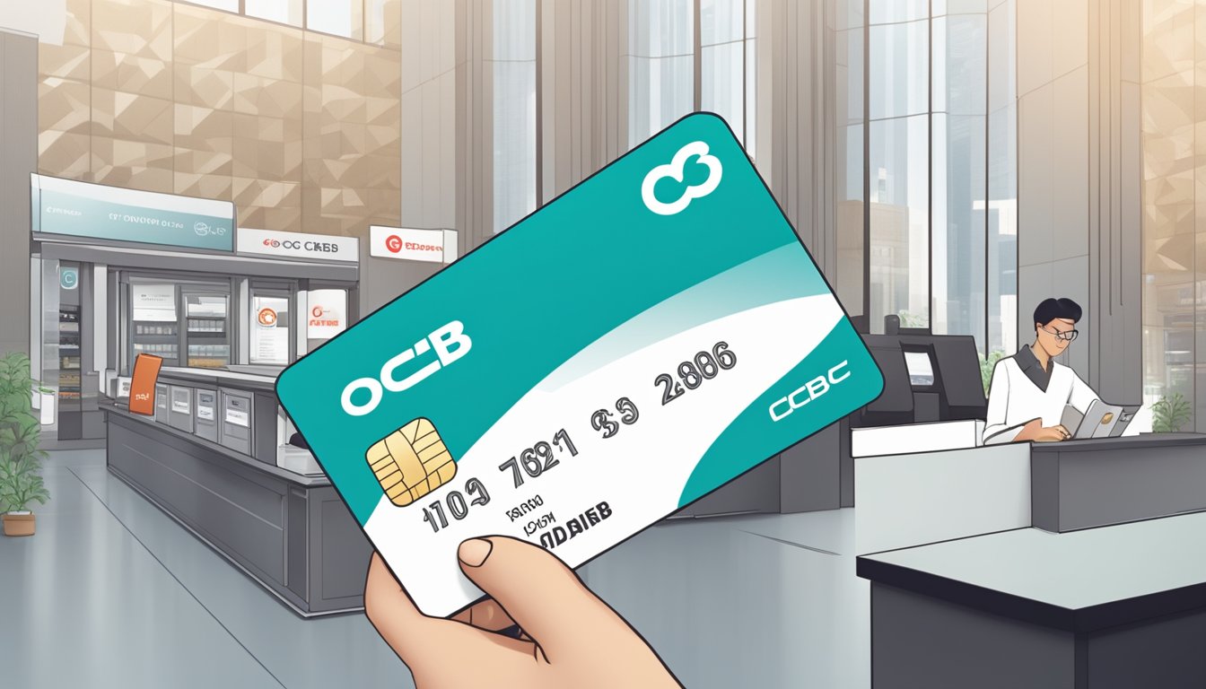 A sleek, modern bank card is being handed over a counter with the OCBC Premier logo prominently displayed