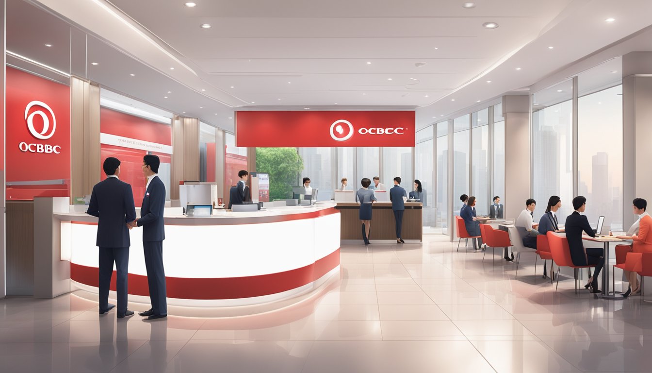A sleek, modern bank branch with the OCBC Premier logo prominently displayed. Customers are engaged in conversation with well-dressed staff members