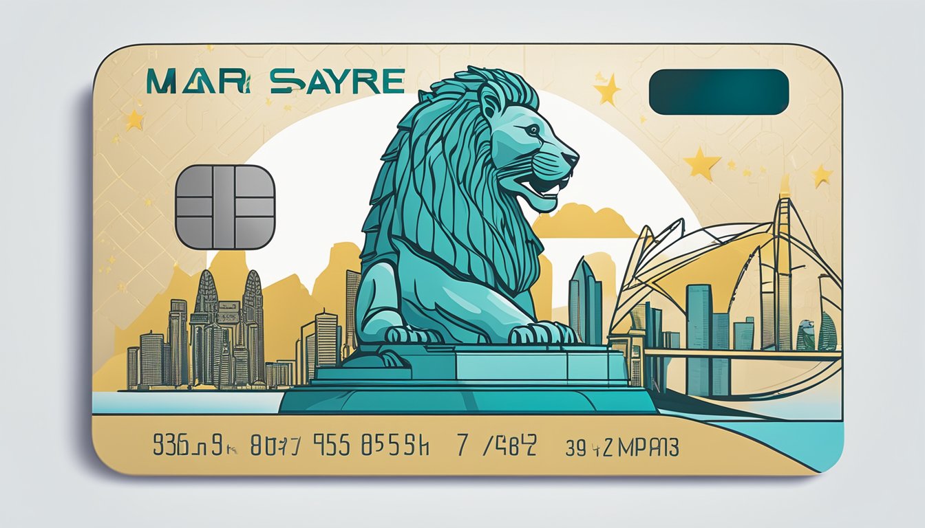 A luxurious, sleek credit card surrounded by iconic Singapore landmarks and symbols, including the Marina Bay Sands and the Merlion statue