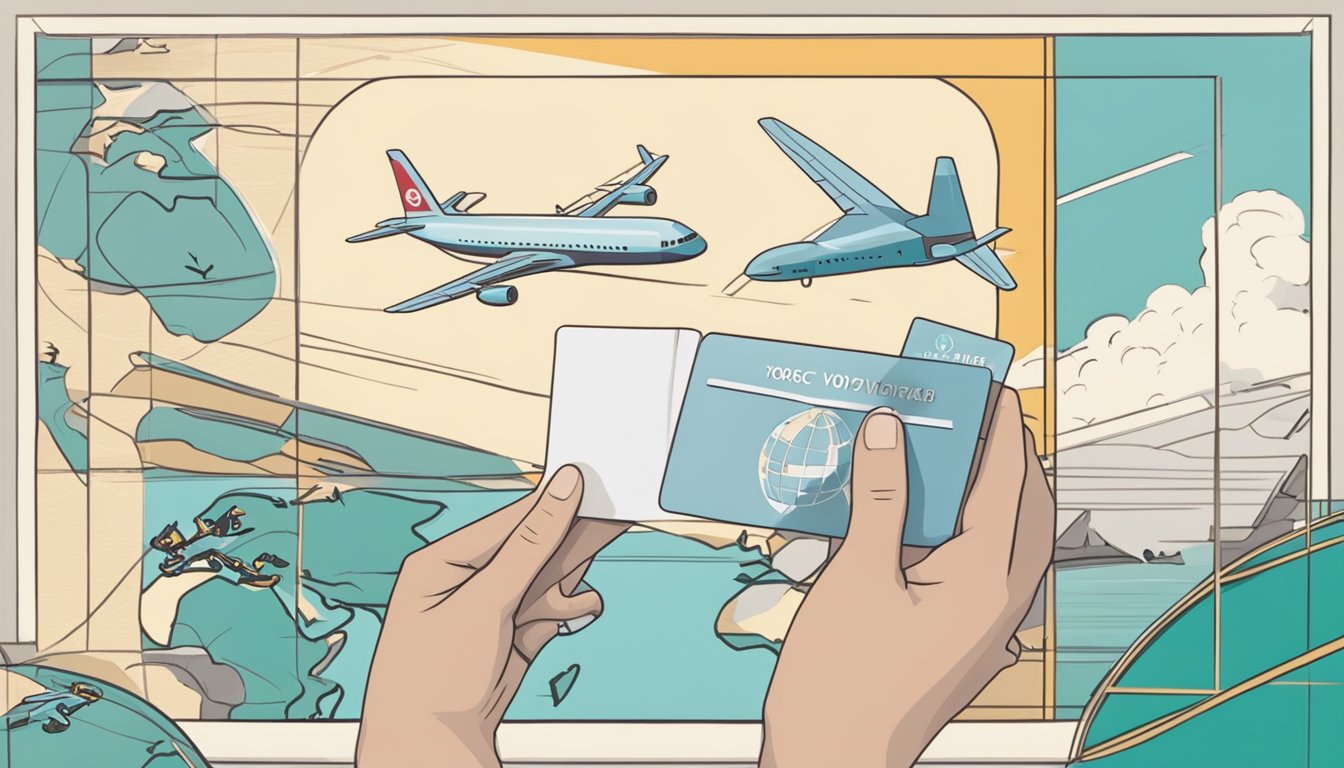 A hand holding an OCBC Premier Voyage card, with a plane flying in the background and a globe in the foreground