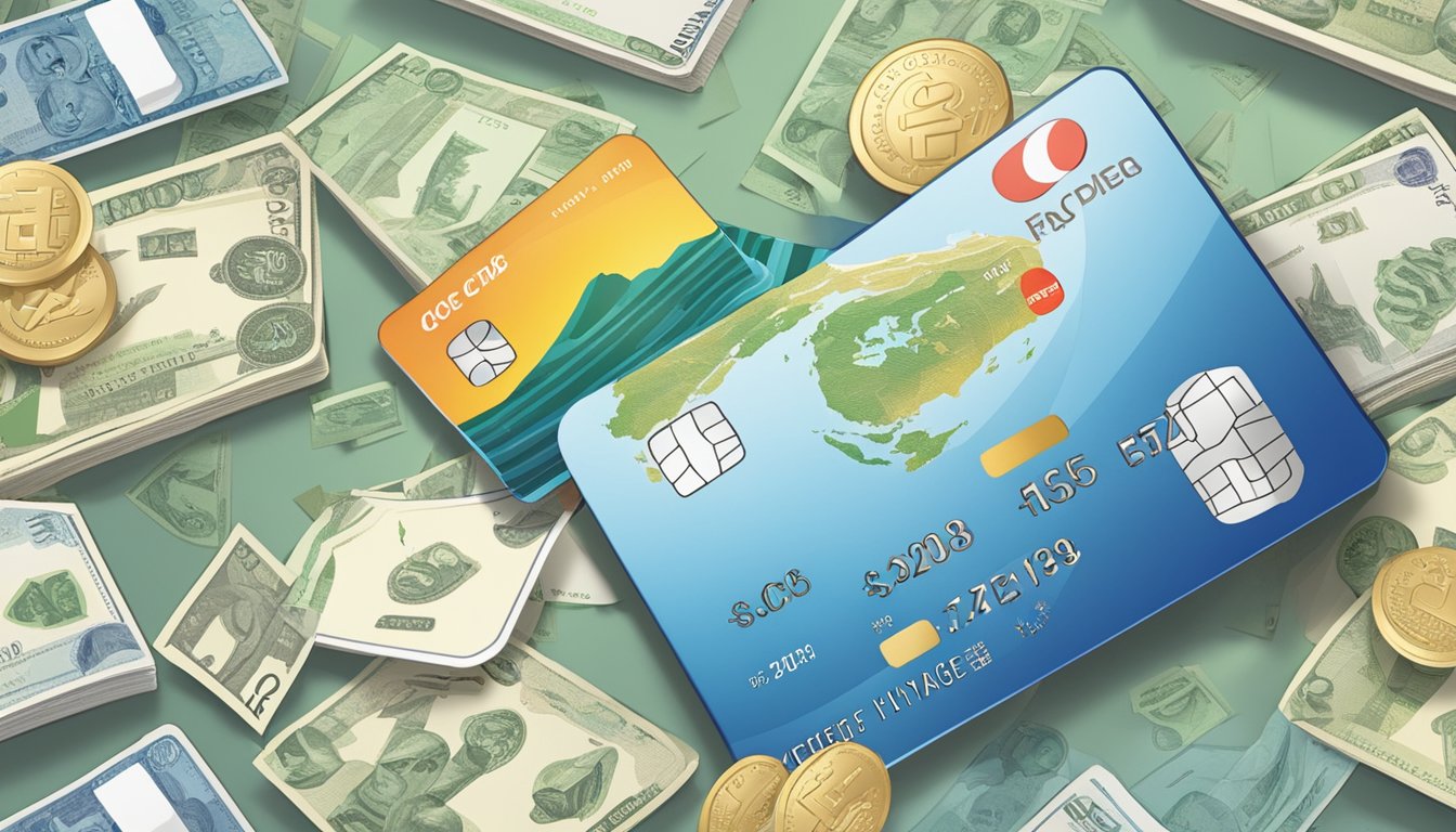 The scene shows a credit card with "OCBC Premier Voyage" logo, surrounded by various fees and charges in Singapore currency