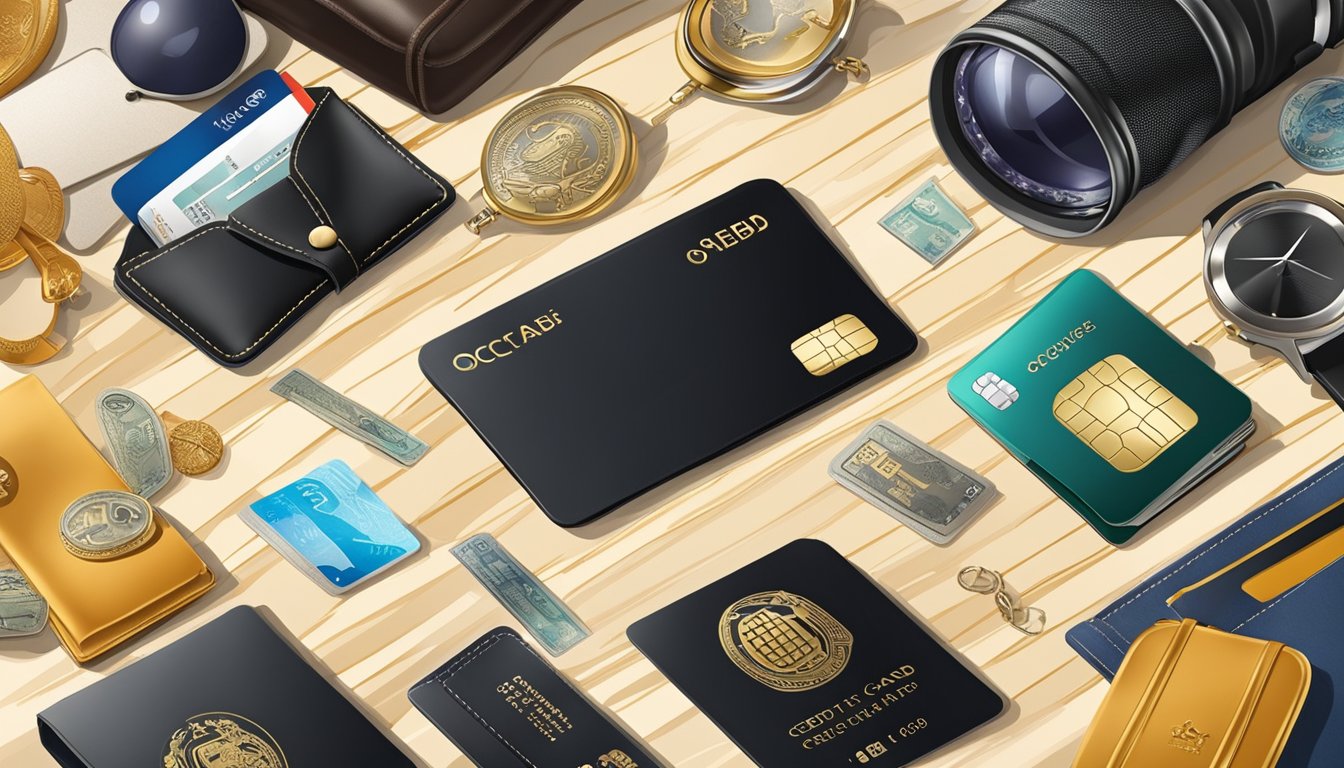 An elegant black credit card is surrounded by luxurious travel accessories and exotic destination images, representing the exclusive privileges of OCBC Premier Voyage Card in Singapore