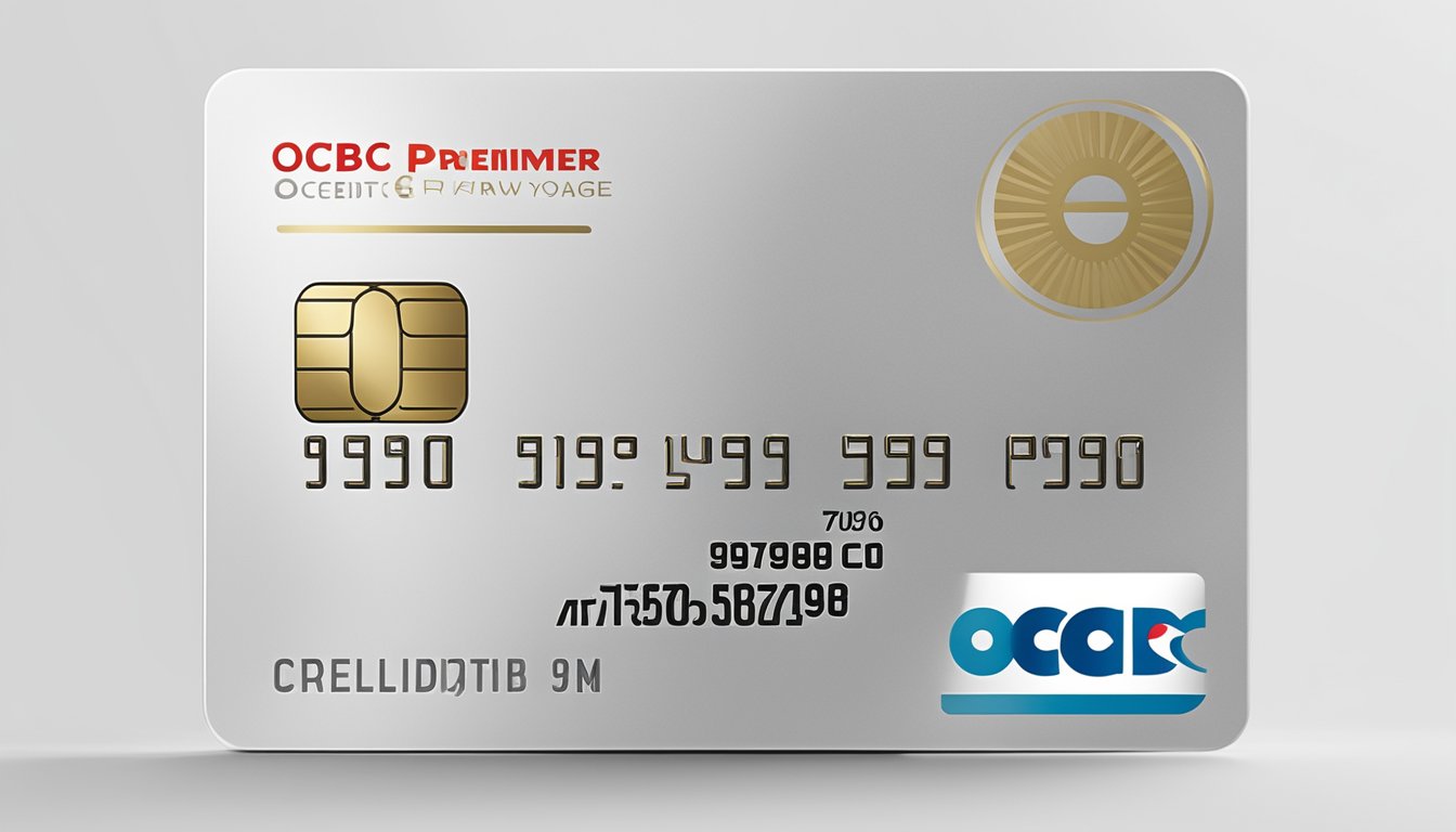 A sleek and modern credit card sits on a clean, white surface with the words "OCBC Premier Voyage Card Singapore" prominently displayed