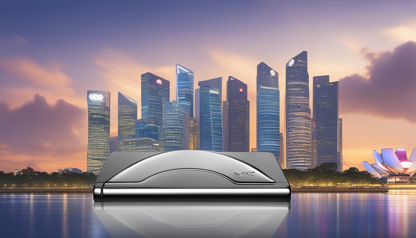A sleek, metallic OCBC Prestige card rests on a luxurious, leather wallet against a backdrop of modern Singapore skyline