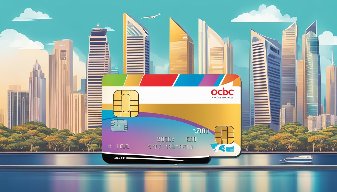 A sleek, metallic credit card with the OCBC Prestige logo, set against a backdrop of iconic Singapore landmarks and skyline