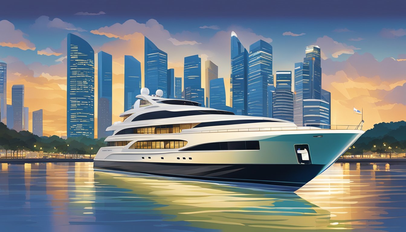 A luxurious yacht cruises through the shimmering waters of Singapore's Marina Bay, with the iconic skyline in the background. The OCBC Prestige card is prominently displayed, symbolizing exclusive lifestyle privileges