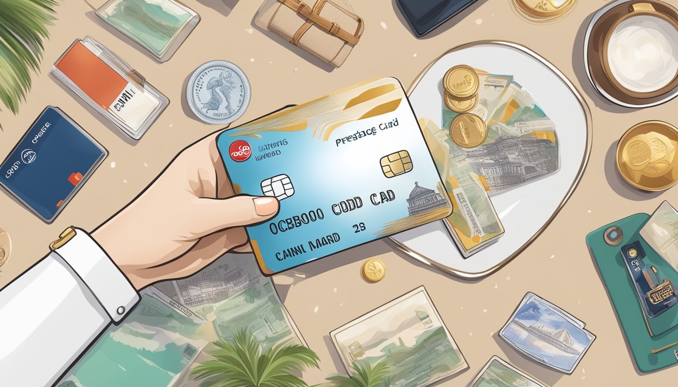A hand holding an OCBC Prestige card, surrounded by various luxury items and travel destinations, with a spotlight on the rewards and benefits