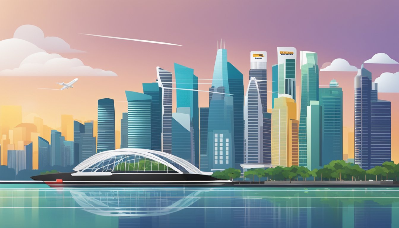 A sleek and modern credit card is displayed against a backdrop of Singapore's iconic skyline, with clear, bold text highlighting "OCBC Prestige Card" and "Fees and Charges" for emphasis