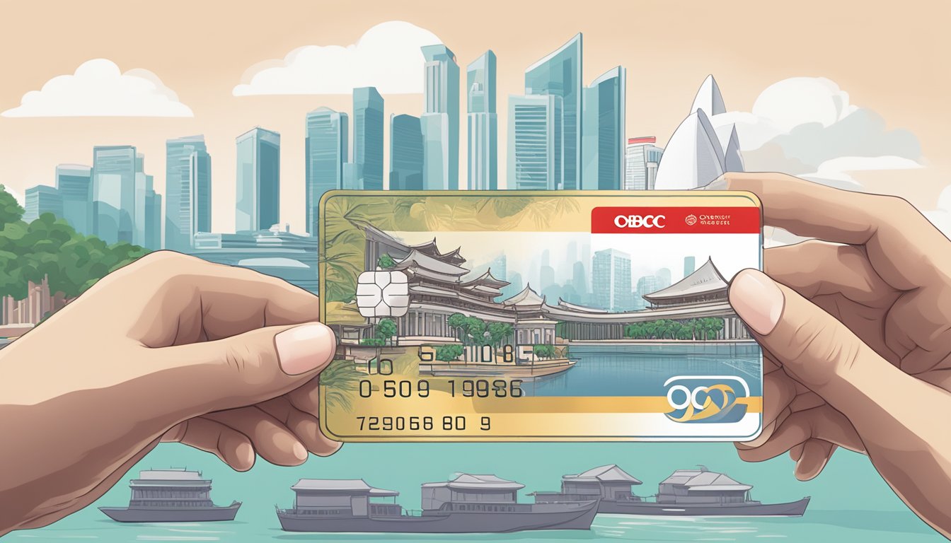 A hand holding an ocbc prestige card against a backdrop of iconic Singapore landmarks