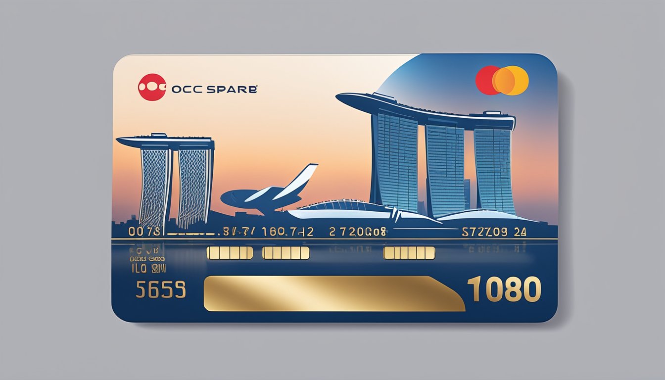 A sleek and modern credit card sits against a backdrop of the Singapore skyline, with the iconic Marina Bay Sands in the distance. The card features the branding of OCBC Prestige and is surrounded by a subtle glow