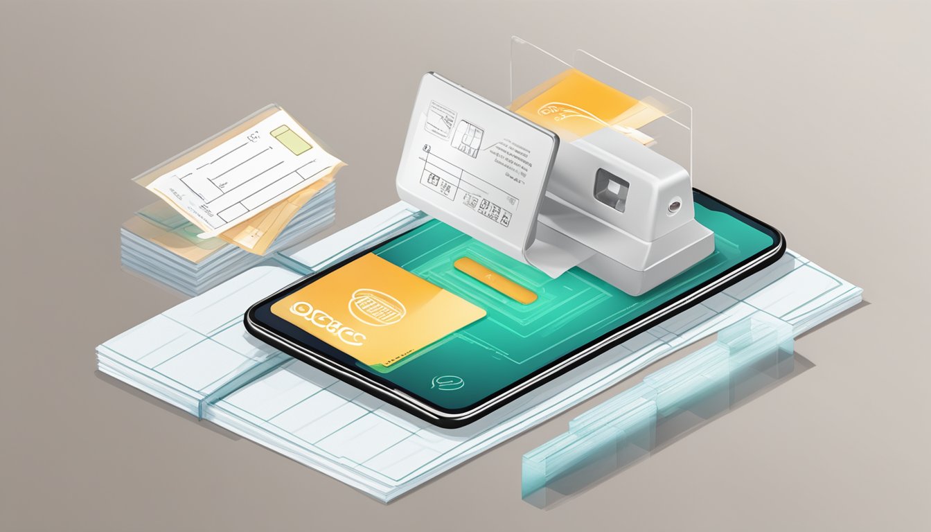 A smartphone scanning a check with the OCBC Quick Cheque Deposit app, with a digital banking interface in the background