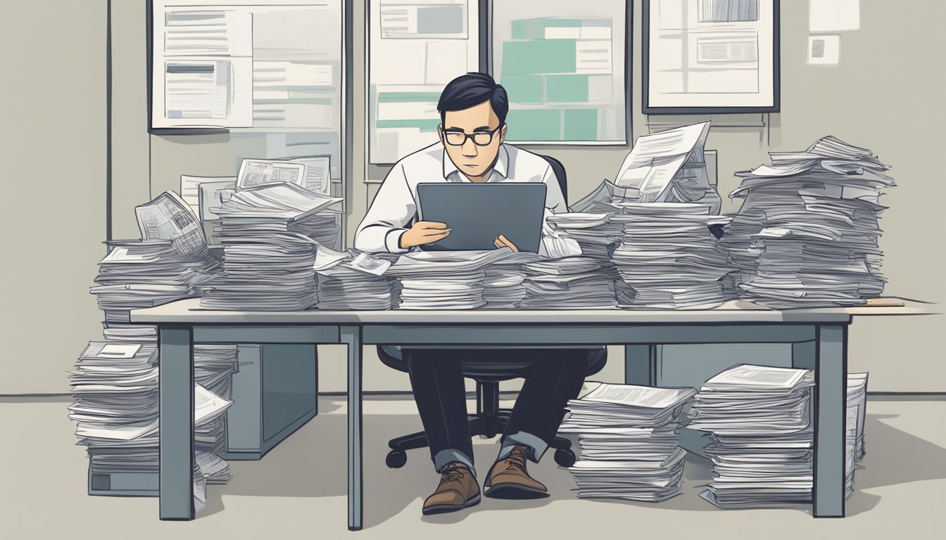 A person sitting at a desk, surrounded by paperwork and a calculator. On the desk are documents related to refinancing with OCBC in Singapore. The person is deep in thought, considering the financial implications of the decision