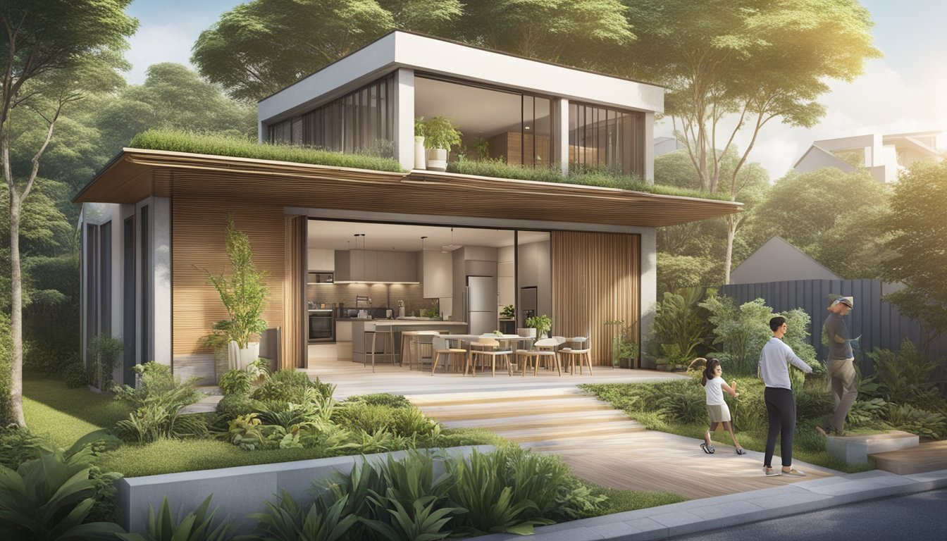 A homeowner applies for an Eco-Care Renovation Loan from OCBC Singapore, surrounded by sustainable materials and eco-friendly design plans
