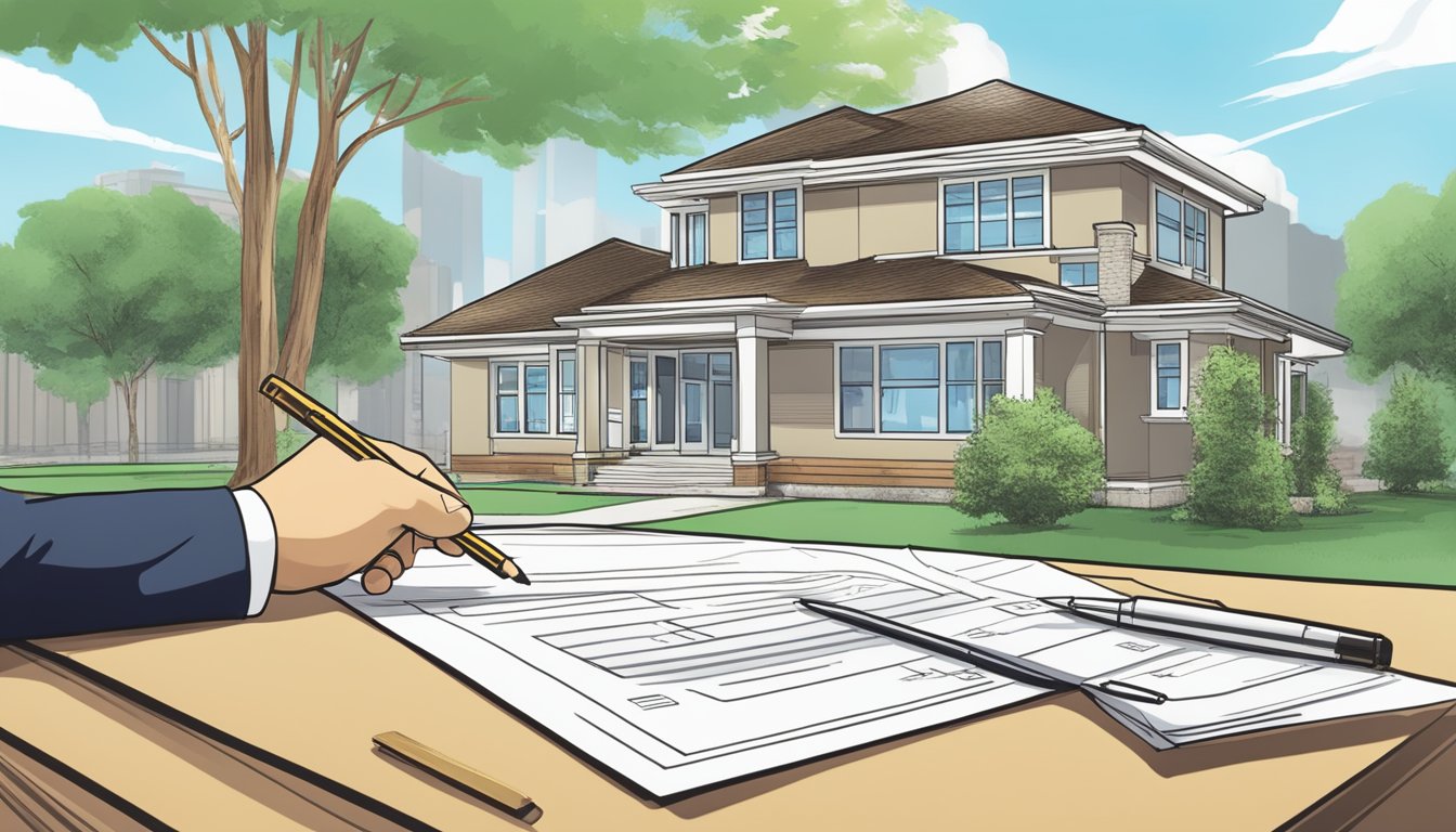 A person signing paperwork for an OCBC renovation loan, with a calculator, blueprints, and a house in the background