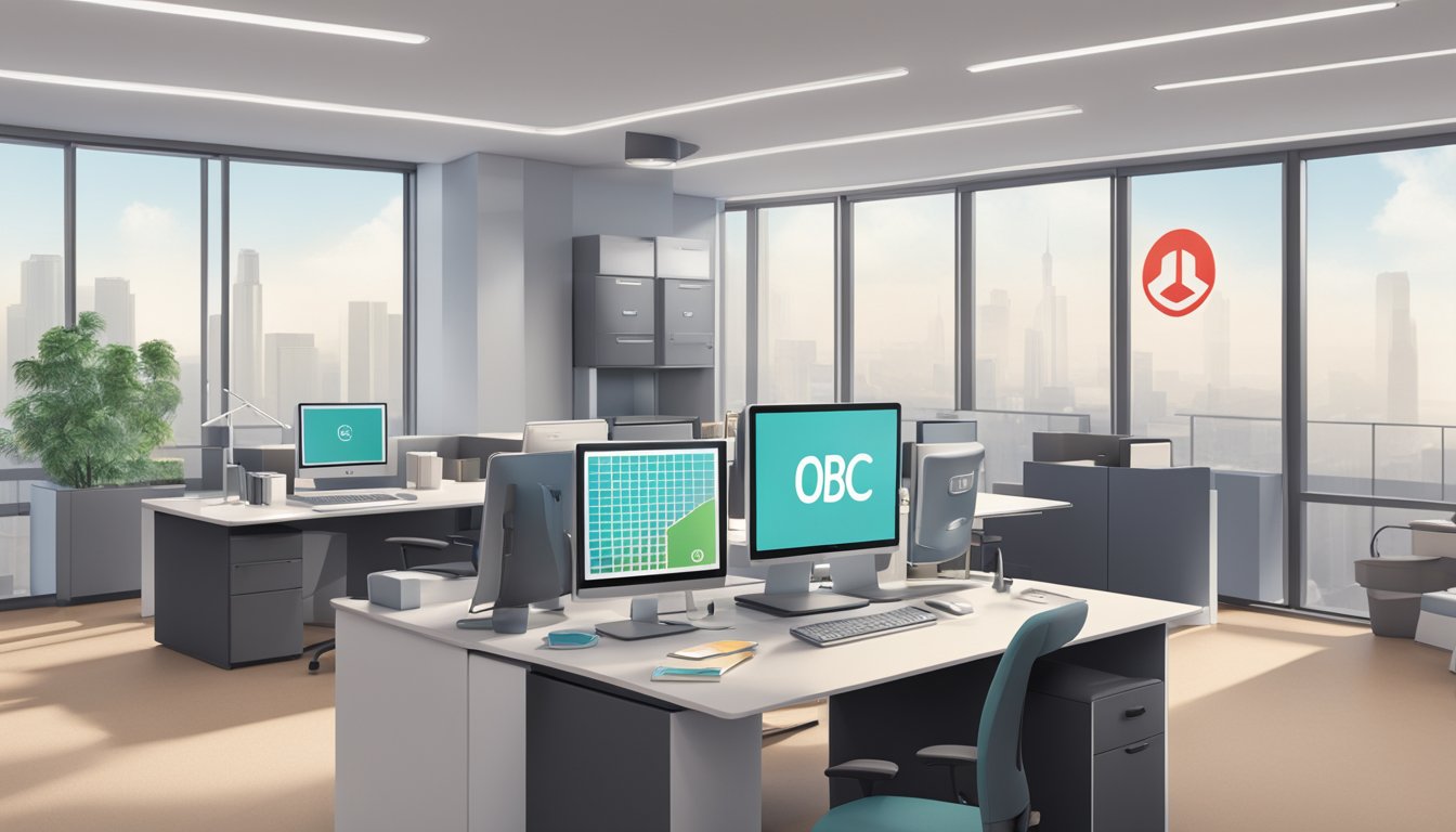 An office space with a modern interior, a desk with a computer, and a calculator displaying the OCBC logo on the screen