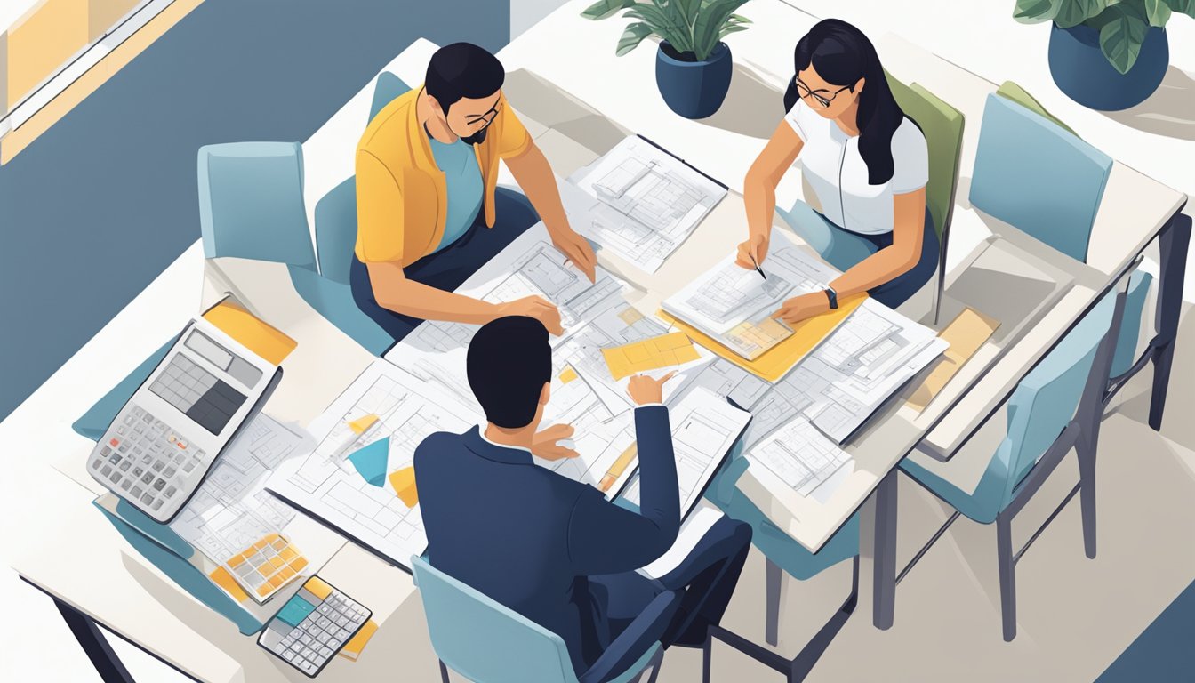 A couple sits at a table, using a calculator to plan their renovation loan with OCBC. Blueprints and design magazines are spread out in front of them