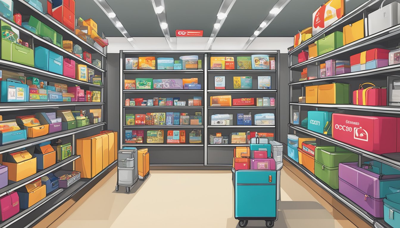 A colorful display of various rewards items, such as electronics, travel accessories, and gift cards, arranged neatly on shelves with the OCBC Rewards Catalogue logo prominently displayed