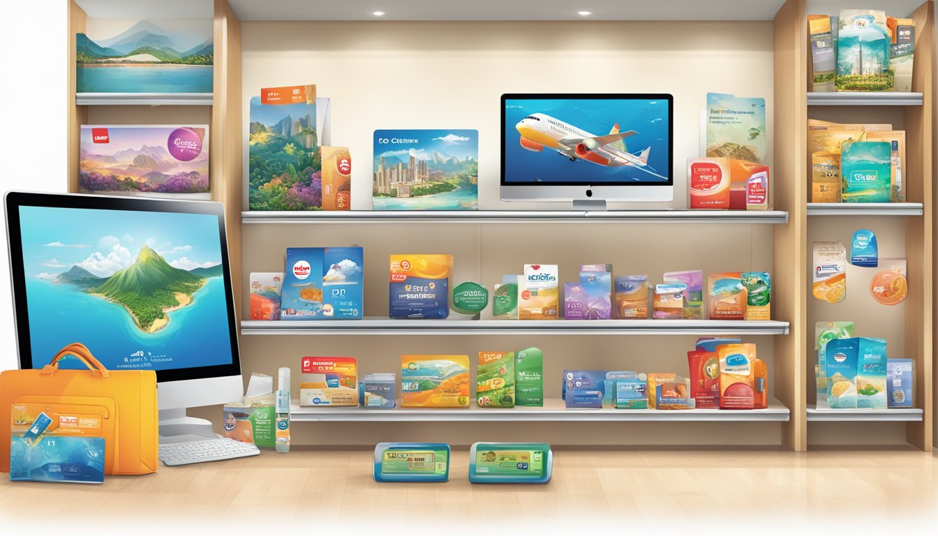 A colorful display of products, from electronics to travel vouchers, fills the OCBC rewards catalogue, showcasing various redemption options for cardholders