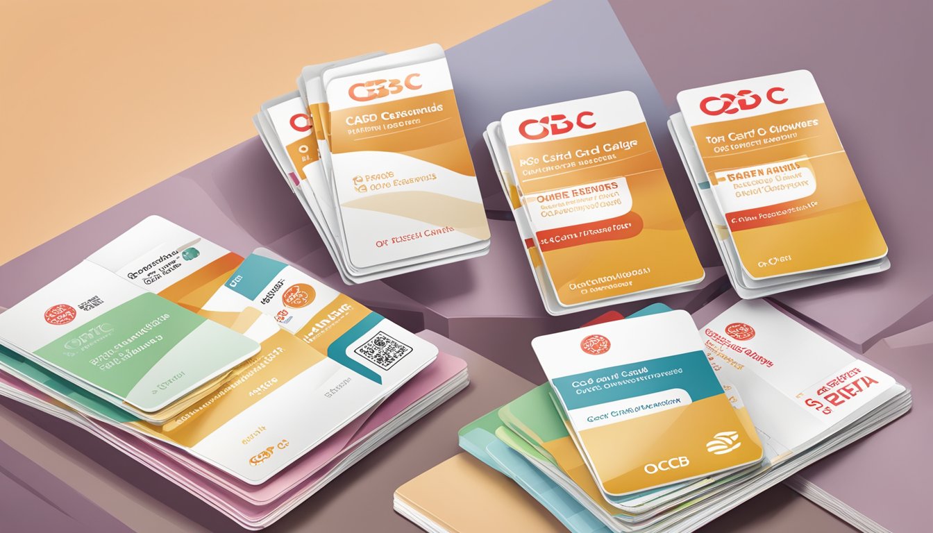 A table displaying various OCBC card variants with their corresponding benefits, next to a stack of OCBC rewards catalogues