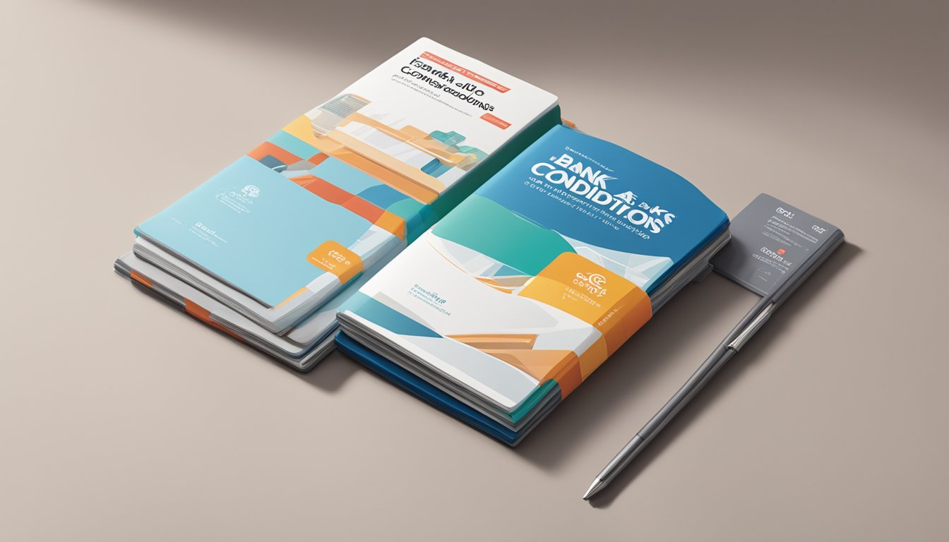 A stack of OCBC Rewards catalogues sits on a sleek, modern table. The cover features the bank's logo and the words "Terms and Conditions" in bold lettering