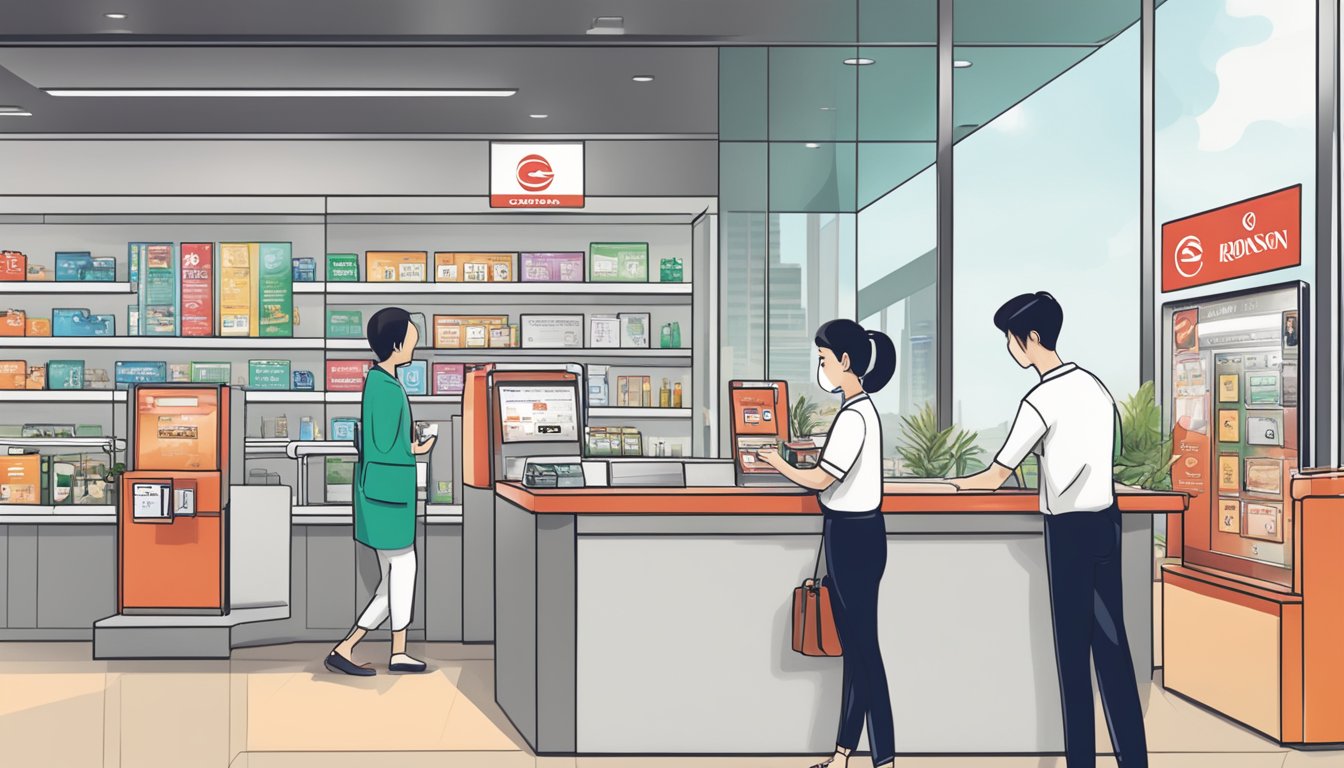A person swiping their OCBC Robinson card at a rewards redemption counter in Singapore. The card and a display of rewards are in focus