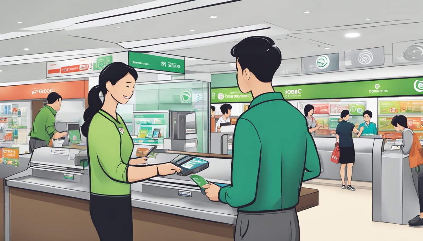 A customer swiping their OCBC Robinson Card at a rewards redemption counter in Singapore, surrounded by promotional displays and staff assisting other customers