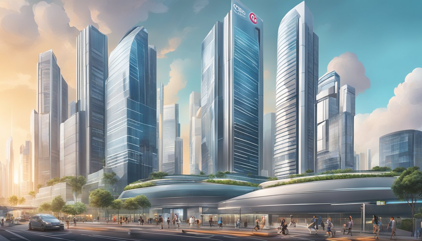 A futuristic cityscape with the iconic OCBC logo prominently displayed on a sleek, modern building. The scene is bustling with activity, showcasing the cutting-edge technology of OCBC RoboInvest in Singapore