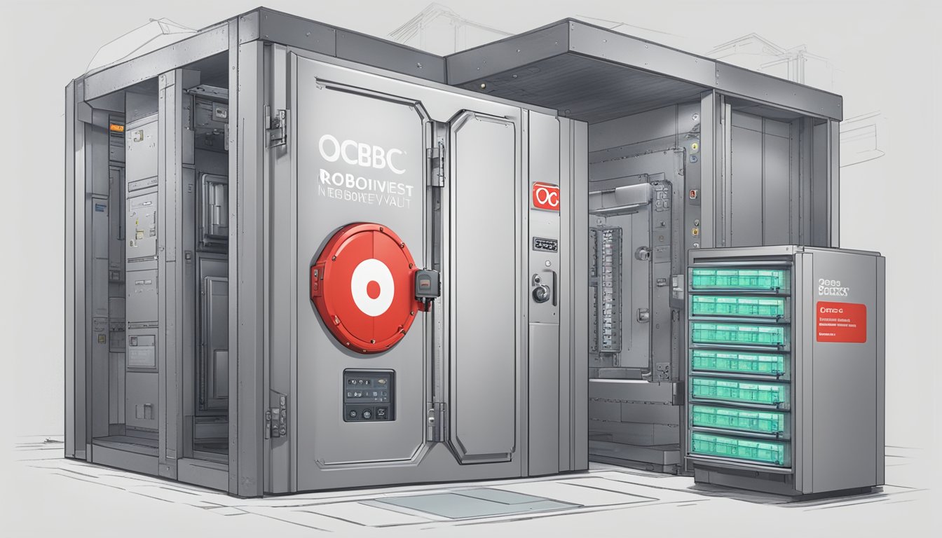 A secure vault with the OCBC RoboInvest logo displayed, surrounded by eligibility criteria documents and security measures