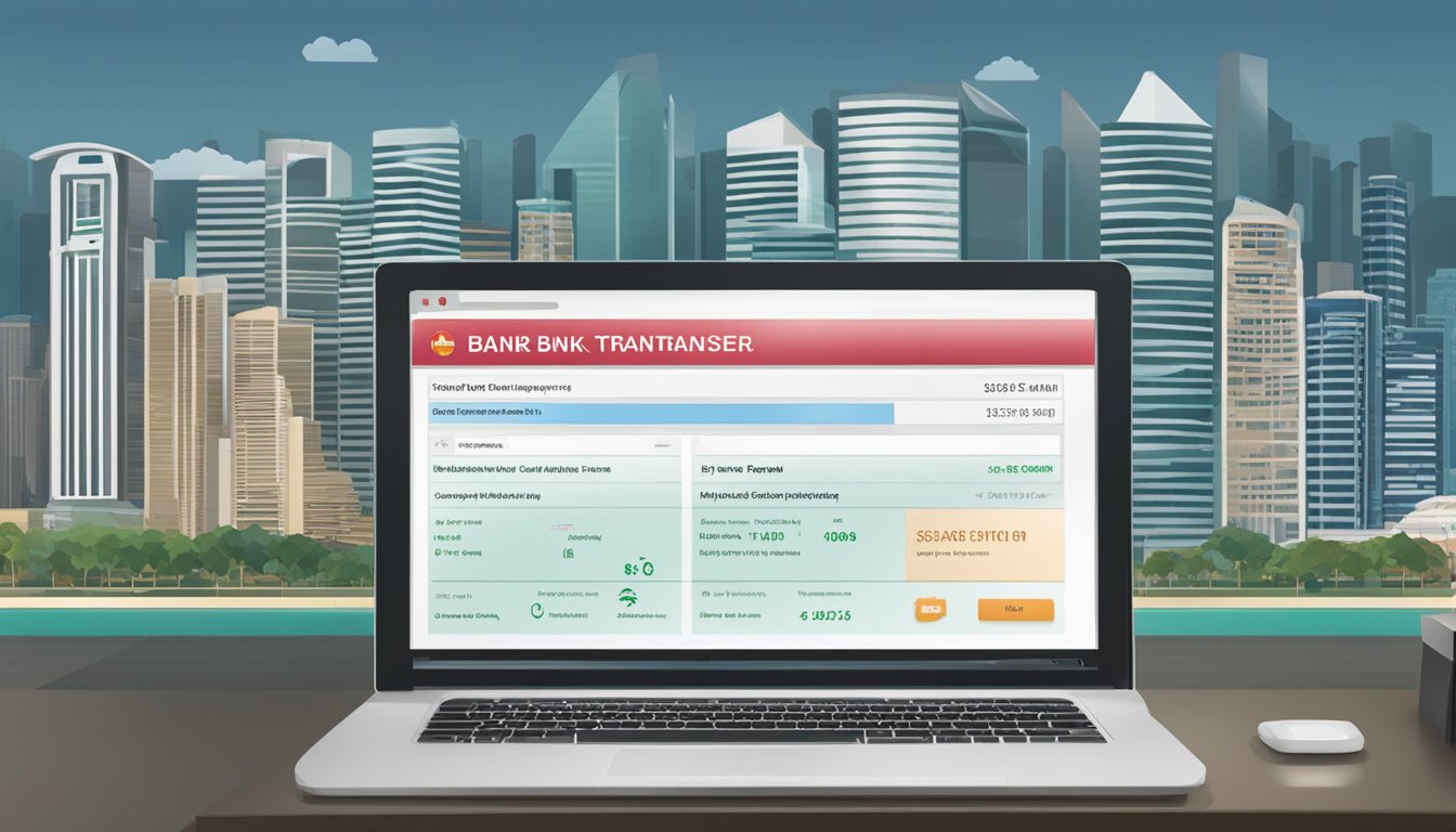 An electronic bank transfer notification from OCBC appears on a computer screen, with the Singapore skyline in the background