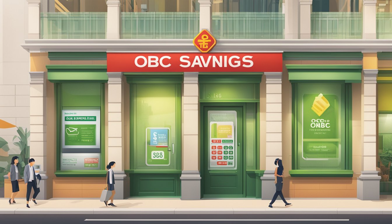 A vibrant bank branch with a prominent sign displaying "OCBC Savings Account Features" and "fall below fee singapore" in bold lettering