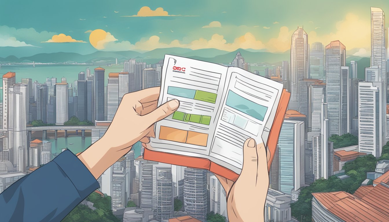 A hand holding an OCBC savings account booklet with "Additional Benefits and Services" highlighted, with a Singaporean cityscape in the background
