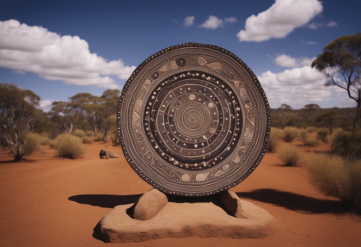 Sacred Aboriginal Sites of Australia: Unveiling the Dreamtime Stories and Landscapes - A vast, ancient Australian landscape with sacred sites and Dreamtime stories depicted through traditional Aboriginal art and symbols