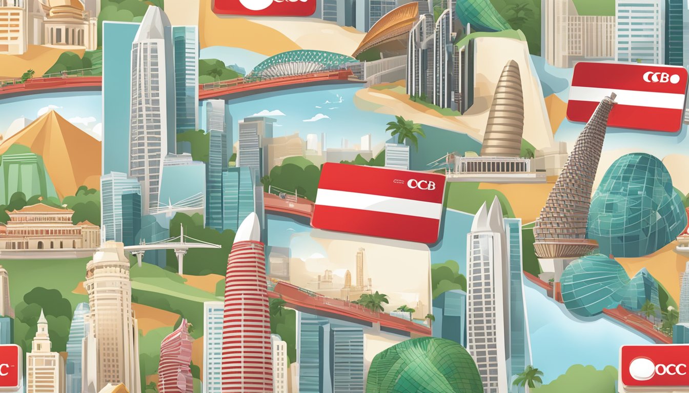 A stack of OCBC rewards cards with Singapore landmarks in the background