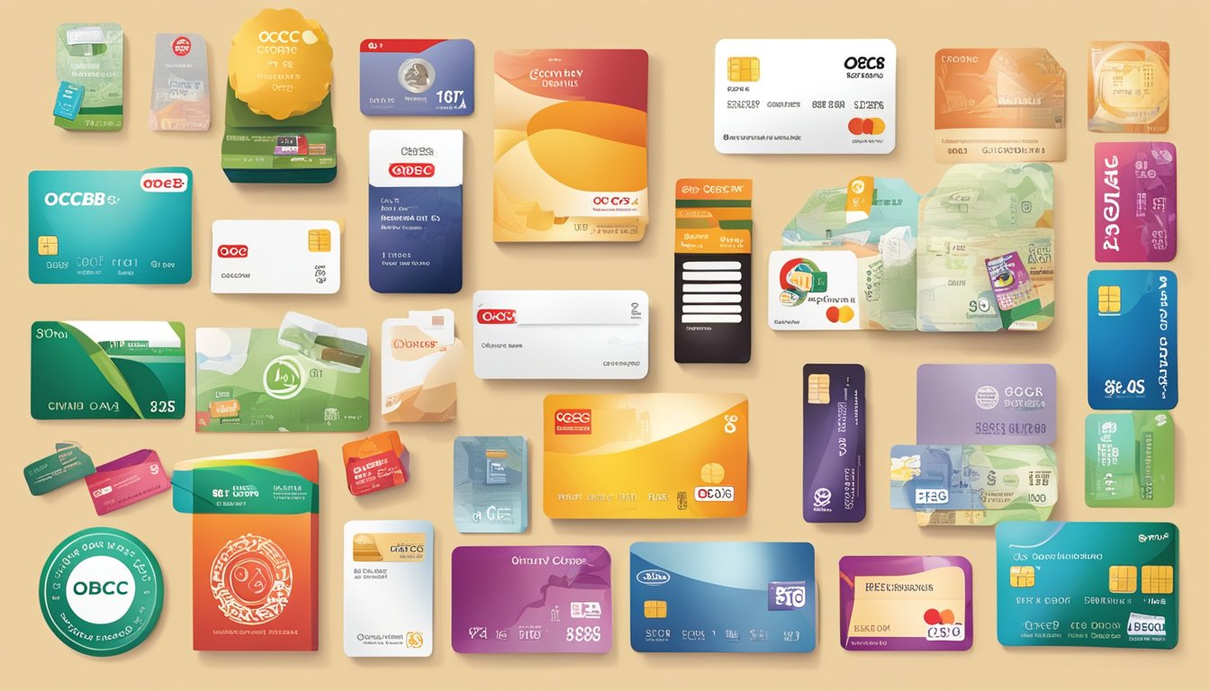 A stack of rewards cards with OCBC branding, surrounded by various items symbolizing benefits and perks, such as travel vouchers, shopping bags, and dining coupons