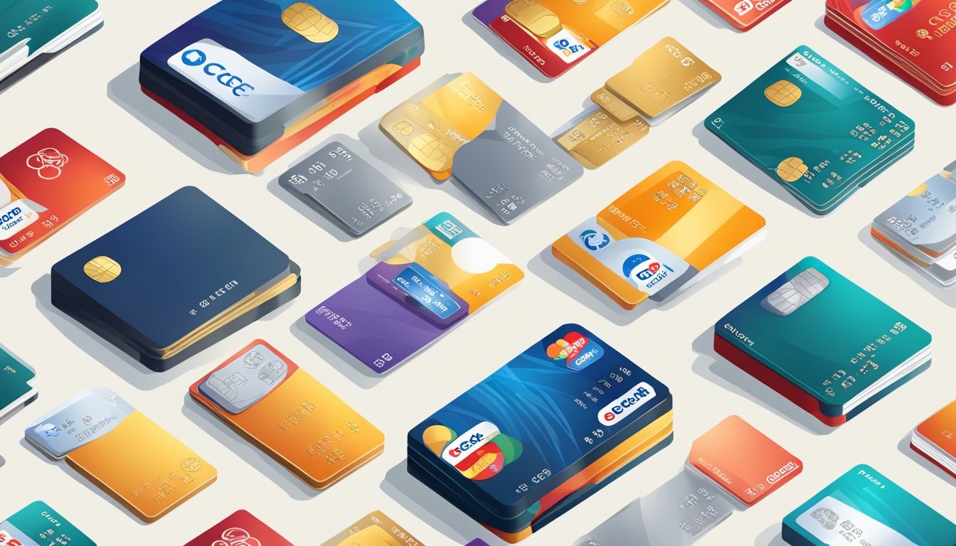 A stack of credit cards with the OCBC logo on them, surrounded by various items and symbols representing rewards and benefits