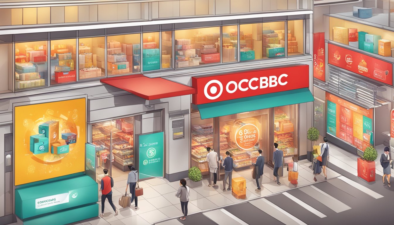 A vibrant display of "Exclusive Deals and Offers" at OCBC, with various stacked rewards showcased in Singapore