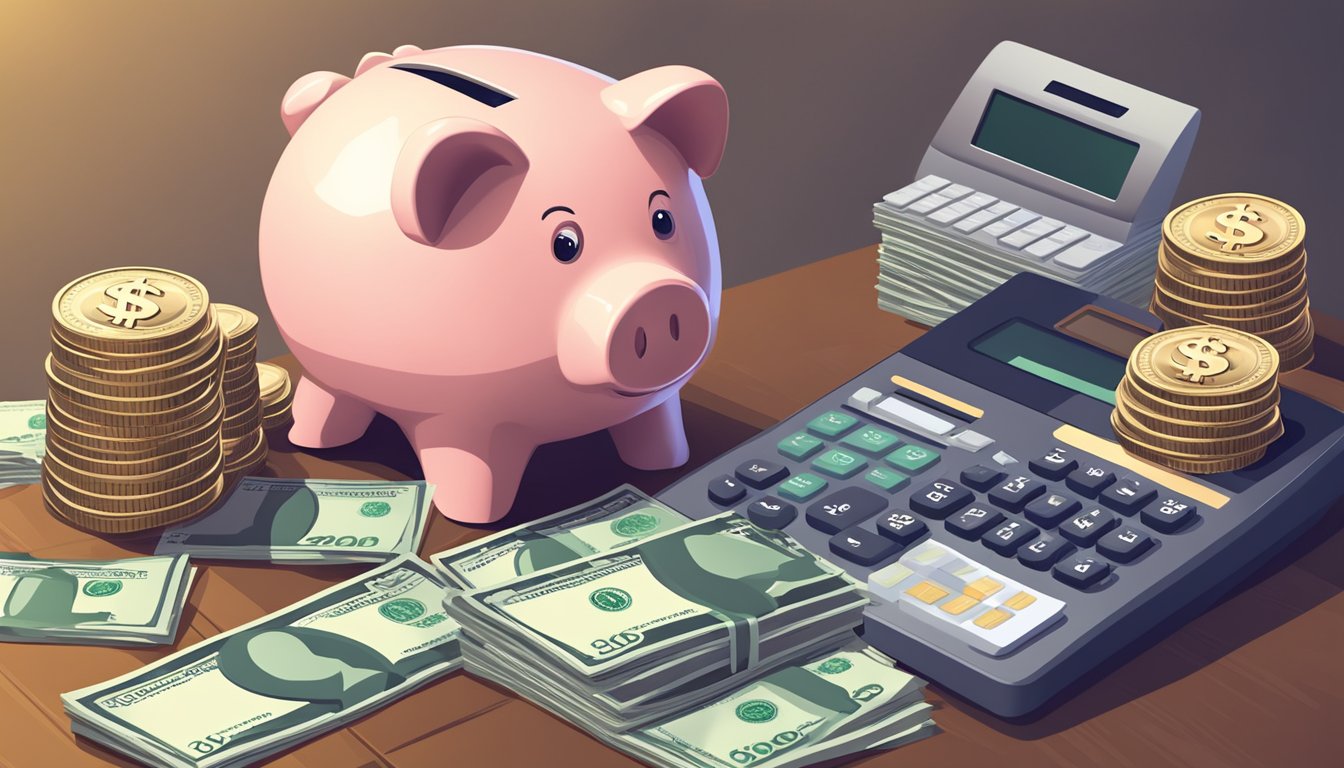 A piggy bank with a dollar sign on it sits on a table, surrounded by stacks of coins and dollar bills. A calculator and a bank statement show increasing interest earnings