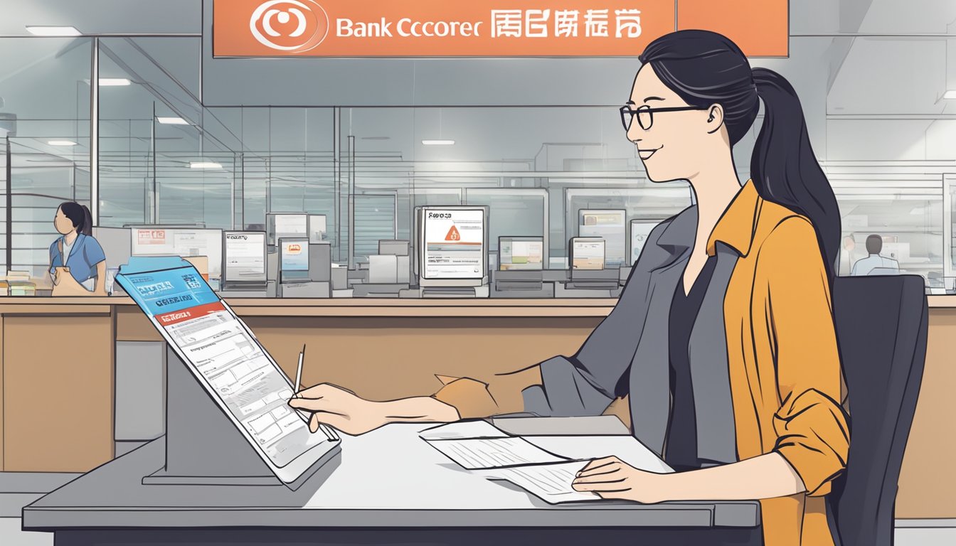 A customer fills out forms at a bank, with a sign displaying "OCBC Starter Account Interest Rate Singapore" in the background