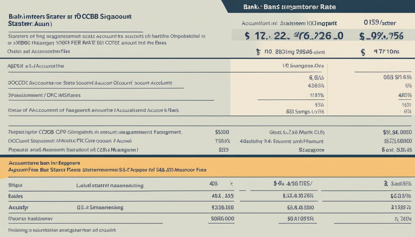 A bank statement showing the interest rate for an OCBC starter account in Singapore, with a section highlighting account management fees