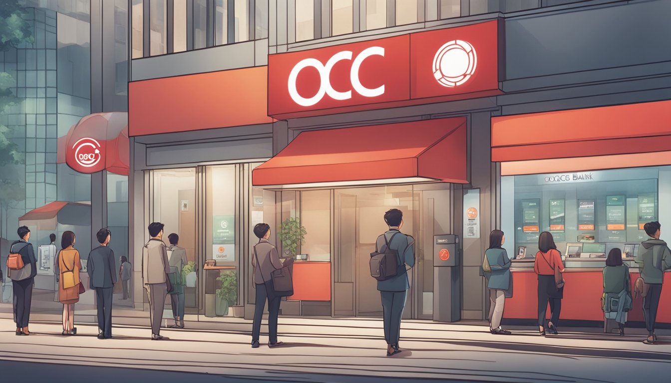 A group of local banks stands side by side. OCBC's logo shines brightly, while others appear dull. A chart displays OCBC's higher interest rates