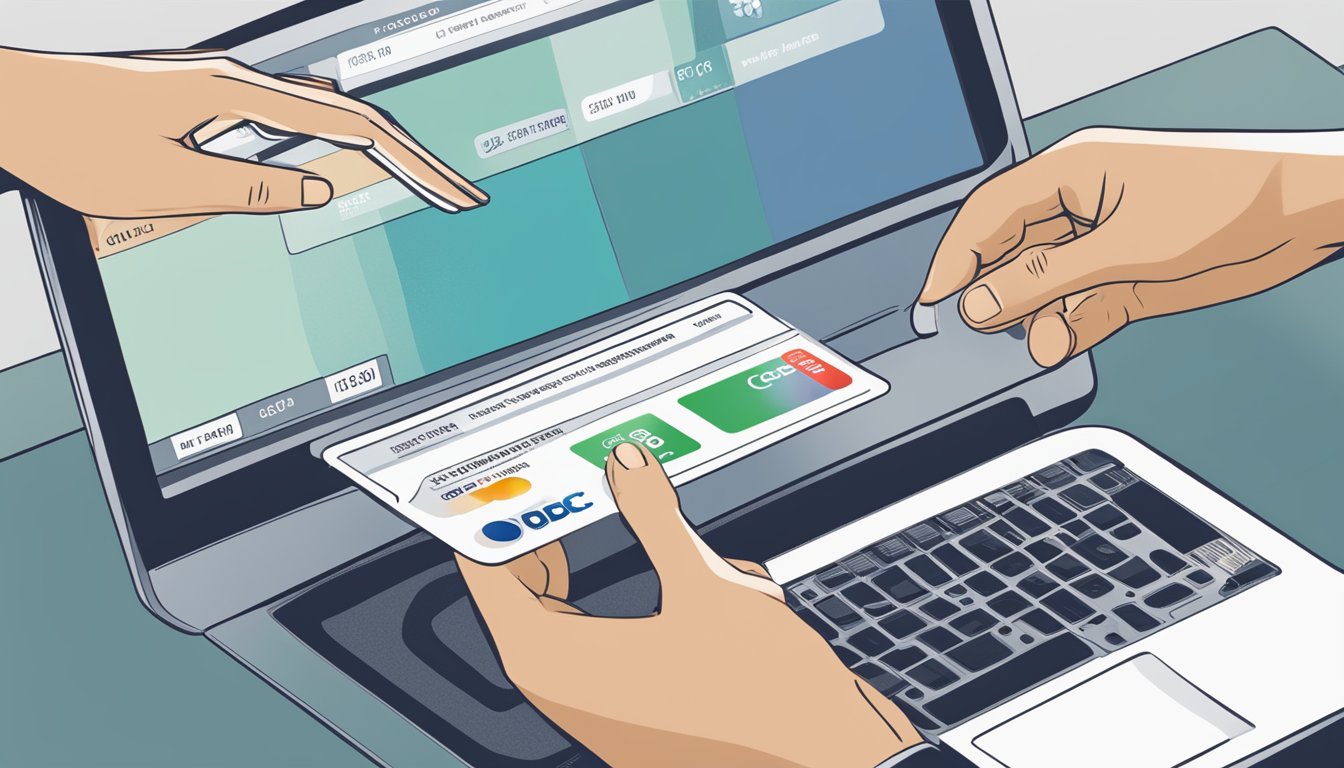 A person's hand holding an OCBC credit card, with a computer screen showing the application process for a temporary credit limit increase