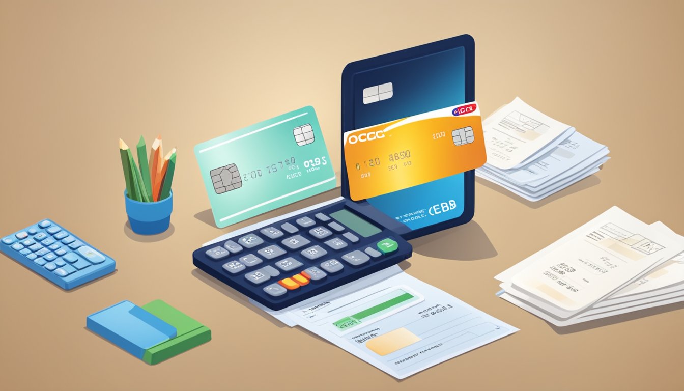 A person's credit card with "OCBC" logo, showing temporary limit increase letter, with a calculator and financial documents in the background