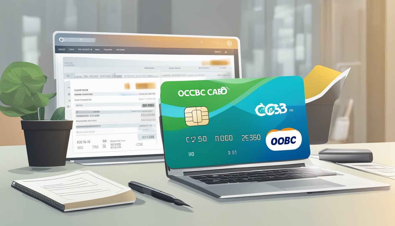 A customer's credit card with "OCBC" logo displayed, surrounded by financial documents and a computer screen showing a temporary credit limit increase notification