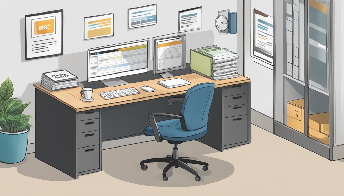 An office desk with a computer screen displaying the OCBC logo, a phone, and a document titled "Frequently Asked Questions" about temporary credit limit increase in Singapore