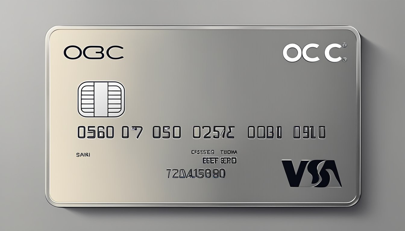 A sleek and modern titanium credit card from OCBC, with the iconic logo and distinctive design, set against a clean and minimalist background