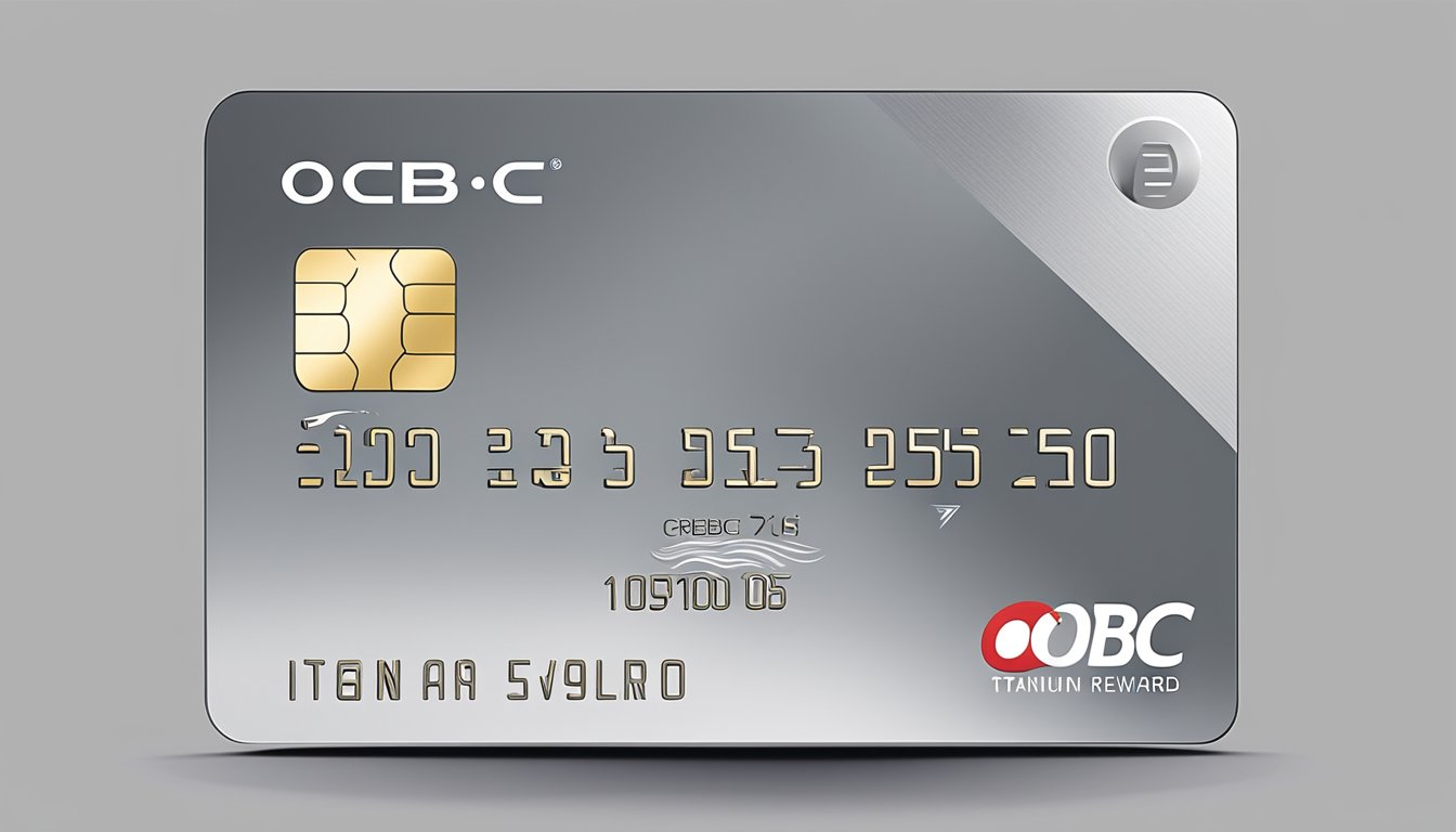 A sleek, metallic credit card is displayed against a clean, modern background. The card features the OCBC Titanium Rewards logo and a bold, eye-catching design