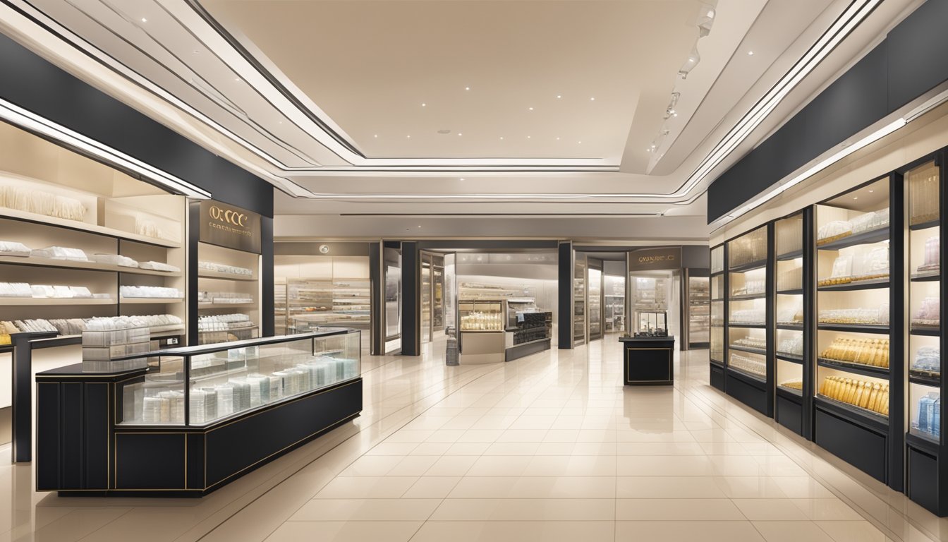A luxurious store with elegant displays and a prominent ocbc titanium credit card being swiped for exclusive shopping benefits