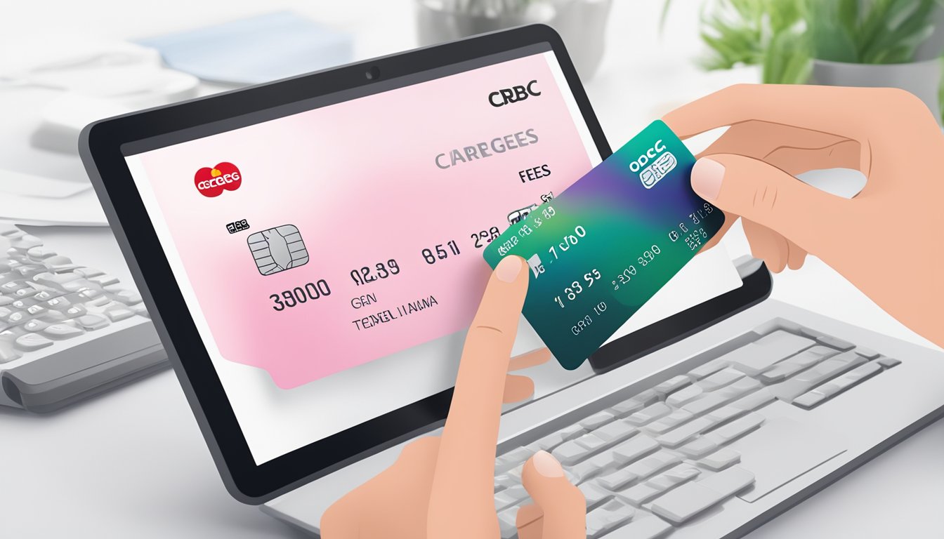 A hand holding an OCBC Titanium credit card with a list of fees and charges displayed on a digital screen in the background