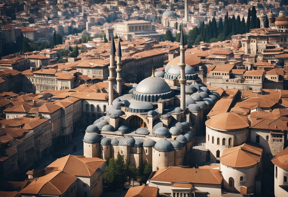 A bustling cityscape with a mix of ancient Ottoman architecture and modern buildings, showcasing the enduring influence of the empire on contemporary Turkey